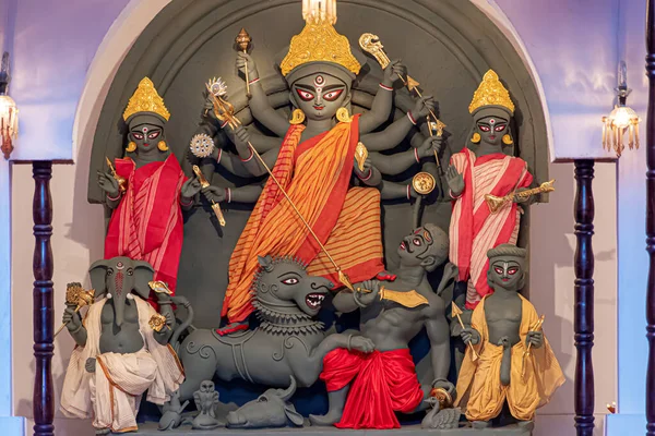 Kolkata Batı Bengal Renkli Işıkta Çekilen Durga Puja Pandalında Tanrıça — Stok fotoğraf