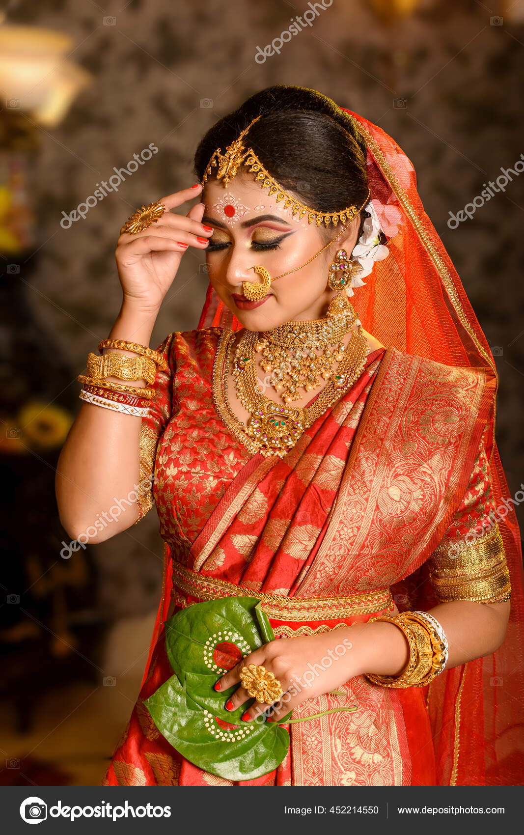 Portrait Very Beautiful Indian Bride Holding Betel Leaf Bengali ...