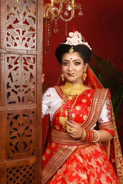 Stunning Indian Bride Dressed Red Traditional Banarasi Sari Embroidered Gold — Stock Photo, Image