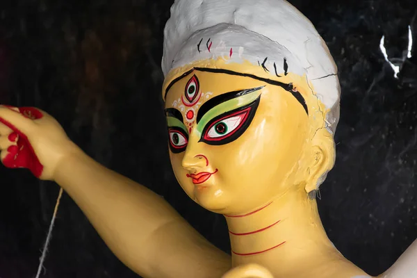 Közelkép Devi Durga Istennő Agyag Bálványáról Mielőtt Durga Puja Közeledik — Stock Fotó