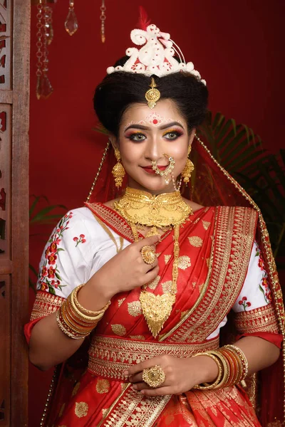 Atemberaubende Indische Braut Hinduroter Traditioneller Hochzeitskleidung Sari Mit Goldschmuck Bestickt — Stockfoto