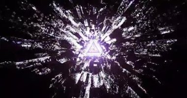 Sahne neon renkler ve dinamik geometrik şekillerle dolu büyüleyici bir tünel sergiliyor, rahatlatıcı ve eğlenceli bir ortam yaratıyor..