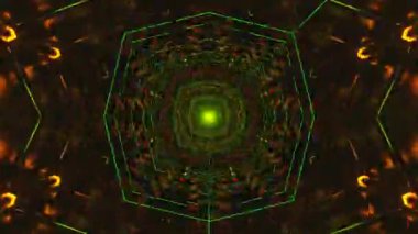 Kusursuz bir döngü videosu dinamik renkler ve karmaşık geometrik desenlerle dolu canlı bir tünel içerir. Görseller ekran koruyucular veya ekranlar için uygun bir atmosfer yaratıyor..