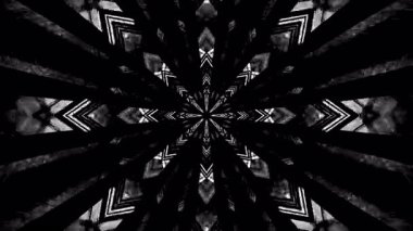 Eksiksiz tünel video döngüsü, merkezi bir noktadan yayılan keskin geometrik şekilleri, büyüleyici bir görsel deneyim yaratmak için dinamik siyah ve beyaz renkleri harmanlayarak.