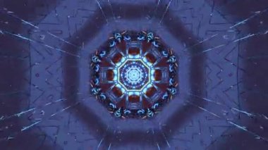 Sahne karmaşık geometrik desenler ve rahatlatıcı mavi ışıklarla dolu büyüleyici bir tünel sergiliyor..
