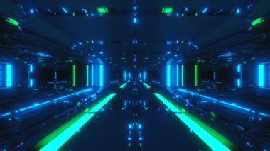 Bu pürüzsüz video döngüsü parlak mavi ve yeşil ışıklarla aydınlatılmış fütüristik bir tünel gösteriyor. Sürekli akarken büyüleyici bir atmosfer yaratıyor..