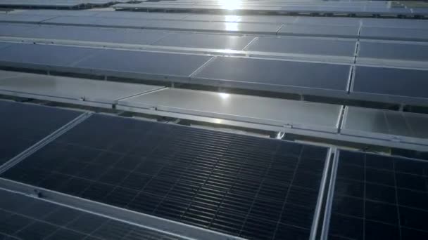 在发电厂的屋顶上俯瞰太阳能电池板 绿色能源 — 图库视频影像
