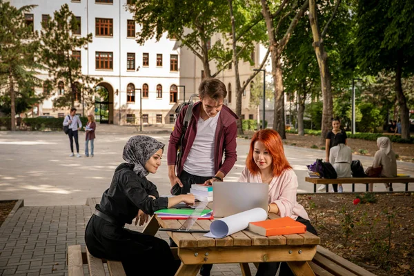 Jovens Estudantes Estudam Juntos Conversam Olham Para Computador Assistem Filmes — Fotografia de Stock