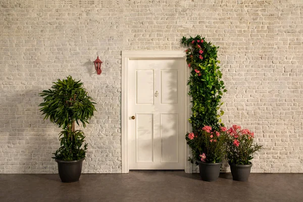 The door of the house and the flowers in front of the door. White stone wall, pink flowers and trees