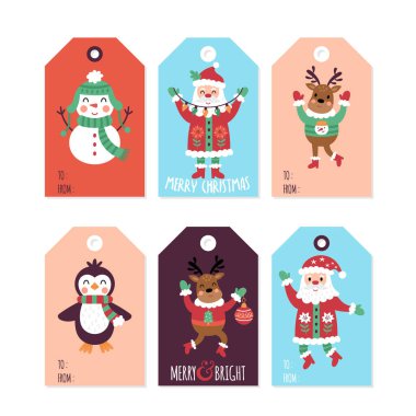 Noel tatili şirin hediye etiketleri ve etiketleri. Çocuksu bir parmak izi. Vektör İllüstrasyonu