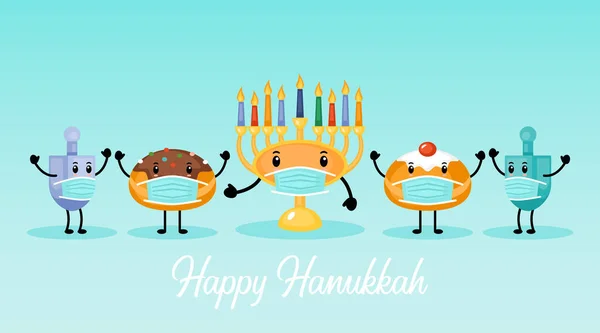 Menorah 'lı Hanuka bayramı afişi, geleneksel çörekler ve yüz maskeli komik çizgi film karakterleri.
