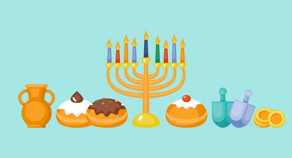 Hanukkah Σχέδιο Ευχετήριων Καρτών Διακοπών Menorah Sufganiyot Και Περιστρεφόμενη Κορυφή — Διανυσματικό Αρχείο