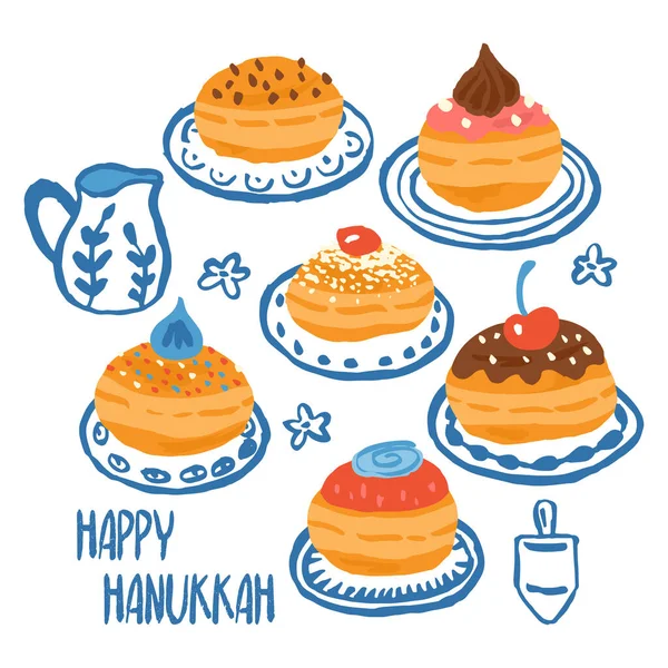 Hanukkah Diseño Tarjetas Felicitación Con Donas Tradicionales Dibujadas Mano — Vector de stock