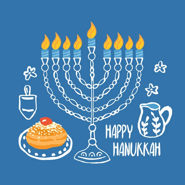 Diseño Tarjeta Felicitación Hanukkah Con Menorá Dibujada Mano Rosquillas Tradicionales — Vector de stock
