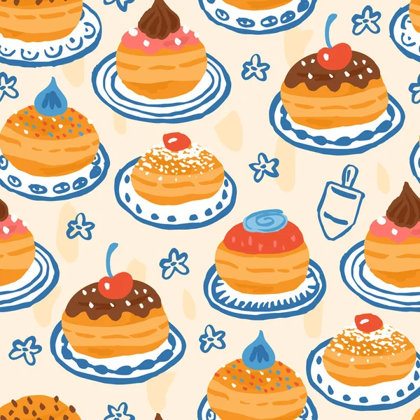 Hanukkah Naadloos Patroon Ontwerp Met Hand Getrokken Traditionele Donuts — Stockvector