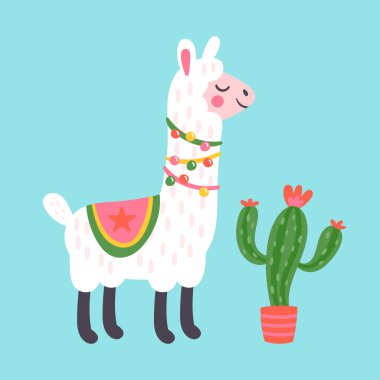 Sevimli lama karakter tasarımı. Tişört, giysi, kart ve çocuk odası dekorasyonu için çocukça bir parmak izi. Vektör İllüstrasyonu