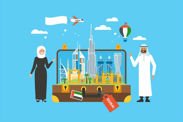 Viaje Concepto Dubai Con Horizonte Edificios Famosos Hito Maleta Personajes — Vector de stock