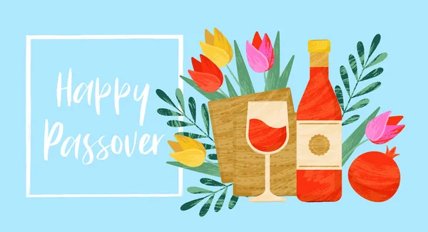 Pascua Pesah Diseño Banner Vacaciones Con Matzá Vino Flores Primavera — Vector de stock