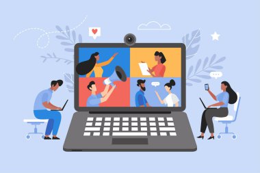 Çevrimiçi iş toplantısı ve video konferans konsepti. Takım çalışması ve vektör çizimi beyin fırtınası