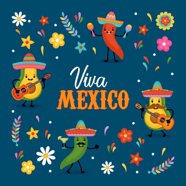 멕시코의 인사말 디자인귀여운 아보카도와 캐릭터 — 스톡 벡터