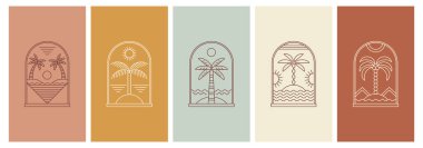 Palmiye ağaçlarıyla soyut tasarım yaz logosu şablonu. Sosyal medya, tatil kiralama ve seyahat hizmetleri için modern minimal doğrusal rozet ve amblem.