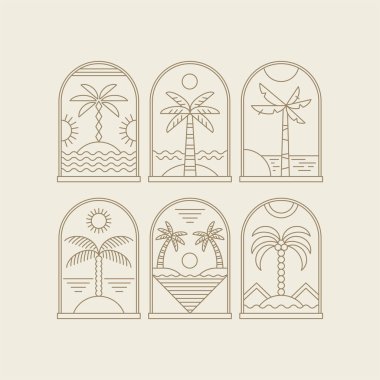 Palmiye ağaçlarıyla soyut tasarım yaz logosu şablonu. Sosyal medya, tatil kiralama ve seyahat hizmetleri için modern minimal doğrusal rozet ve amblem.