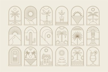 Palmiye ağacı ve deniz plajlı soyut tasarım yaz logosu şablonu. Sosyal medya, tatil kiralama ve seyahat hizmetleri için modern minimal doğrusal rozet ve amblem.