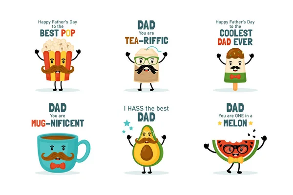 Happy Father Day Greeting Card Set Cute Funny Food — Stock Vector