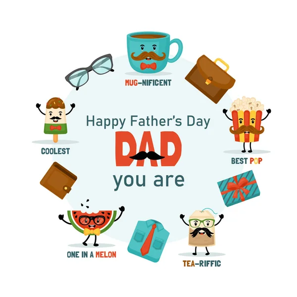 Happy Father Day Greeting Card Cute Funny Food Characters — Stock Vector