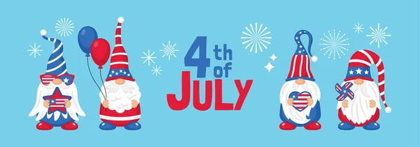 7月4日美国独立日的横幅设计与可爱的侏儒人物 海报和派对邀请函模板 — 图库矢量图片