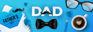 Mutlu Babalar Günü tebrik kartı tasarımı. Zarf, kalp şekli, gözlük ve kahve fincanı.