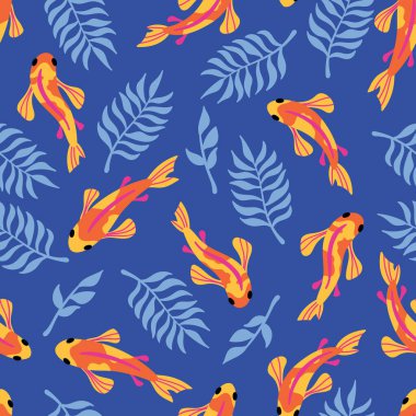 Şirin koi balıklı ve yapraklı kusursuz desen. Kumaş, ambalaj kağıdı, tekstil, duvar kağıdı ve giysi için çocuksu bir altyapı.