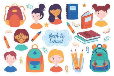Okula geri dön sevimli çocuk avatarı, sırt çantası ve kitap seti. Kartlar, posterler, davetiyeler ve çıkartmalar için çocukça baskı