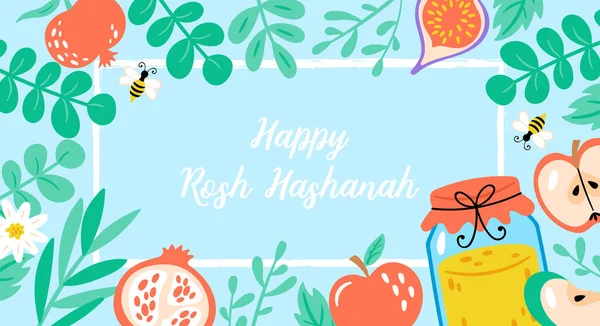 Fêtes Juives Rosh Hashanah Conception Bannière Avec Miel Pomme Grenade — Image vectorielle