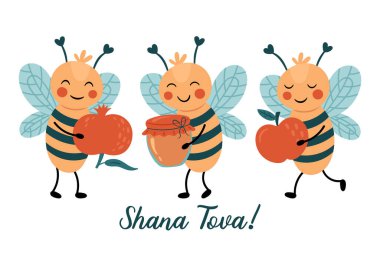 Yahudi bayramı Rosh Hashanah tebrik kartı tasarımı ve sevimli komik arı karakterleri. Kartlar, çıkartmalar ve dekorasyon için çocukça baskı