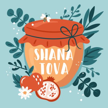 Yahudi bayramı Rosh Hashanah sosyal medya, afiş ya da poster tasarımı için arka plan şablonu. Elma, nar ve yapraklı bal kavanozu..