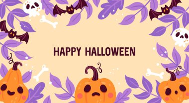 Cadılar Bayramı bayramı afişi dizaynı, balkabağı, kafatası ve yapraklar..