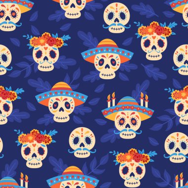 Ölü Dia de los Muertos bayramı için kusursuz bir örnek. Kumaş, ambalaj kağıdı, tekstil, duvar kağıdı ve giysi için çocuksu bir altyapı.