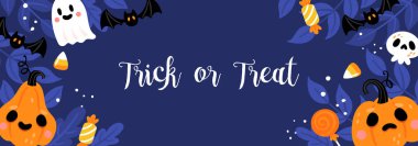 Tatlı balkabağı, hayalet ve yapraklarla Cadılar Bayramı afişi tasarımı.