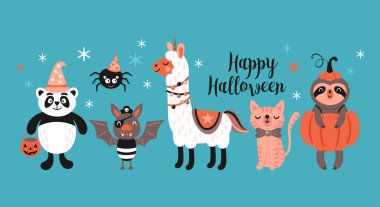 Cadılar Bayramı kostümlü şirin hayvanlar. Kartlar, çıkartmalar, giyim ve dekorasyon için çocukça baskılar. 