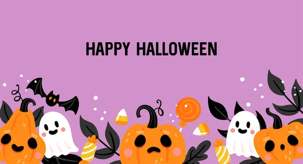 Halloween Ünnep Banner Design Aranyos Jack Lámpa Tök Szellem Levelek — Stock Vector