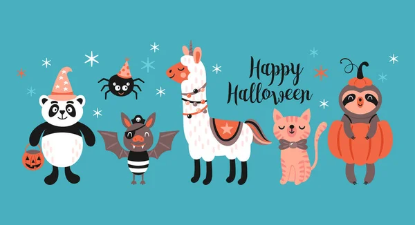 Halloween Vacaciones Animales Lindos Conjunto Trajes Impresión Infantil Para Tarjetas — Vector de stock