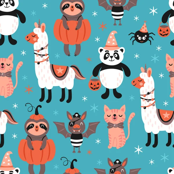 衣装にかわいい動物とハロウィーンの休日のためのシームレスなパターン 包装紙 繊維のための子供の印刷の背景 — ストックベクタ