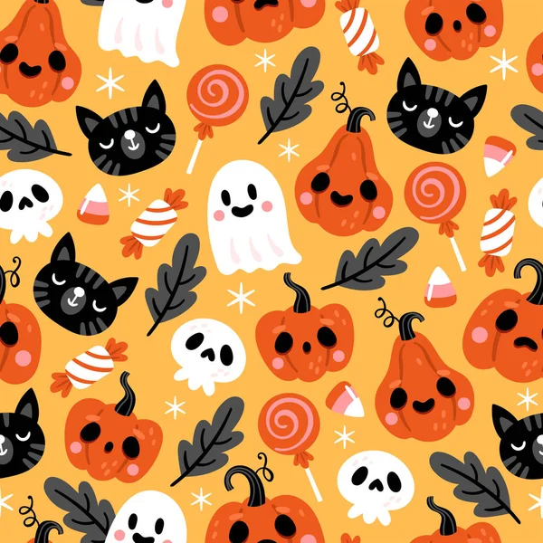 Modèle Sans Couture Pour Les Vacances Halloween Avec Citrouille Chat — Image vectorielle