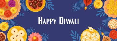 Diwali Hindu festivali konsepti, Hint lambaları, tatlı tatlı yiyecekler ve mumlar. Tebrik kartı, poster ve afiş için tatil şablonu arka planı