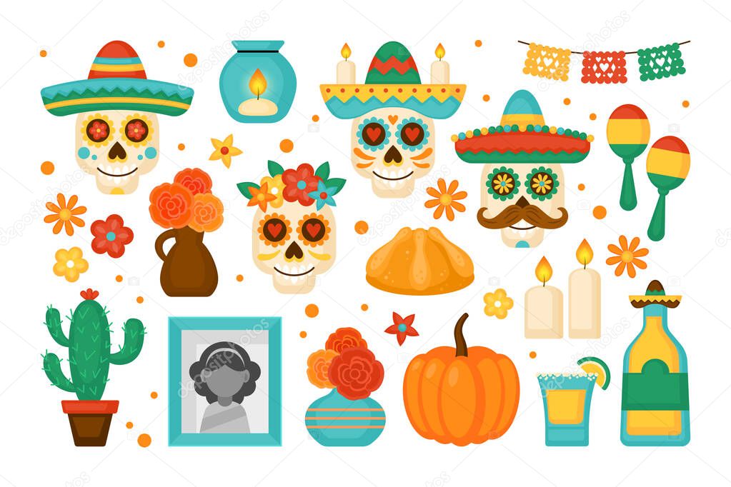 Day of the dead Dia de los Muertos Mexican holiday elements set. Greeting card, poster and banner template design  