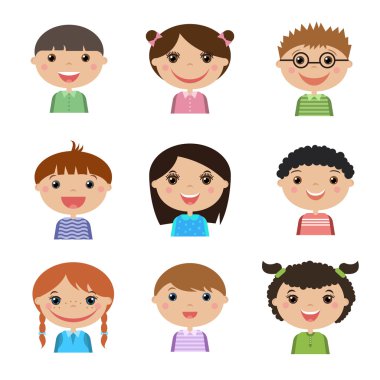 Farklı erkek ve kadın avatarları kümesi. Basit düz çizgi film tarzı.