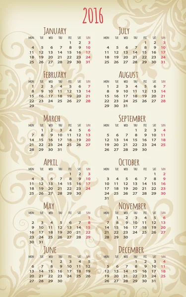 Calendar for the whole year — Stock Vector