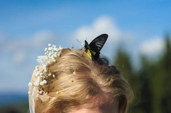 Girl with butterfly in hair — Stock Photo, Image