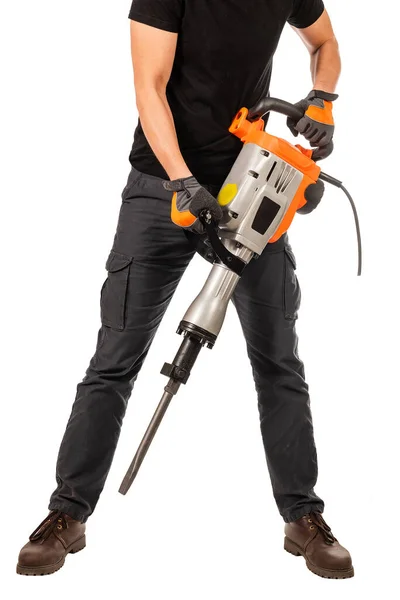 Man Holds Jackhammer White Background — Stock Photo, Image